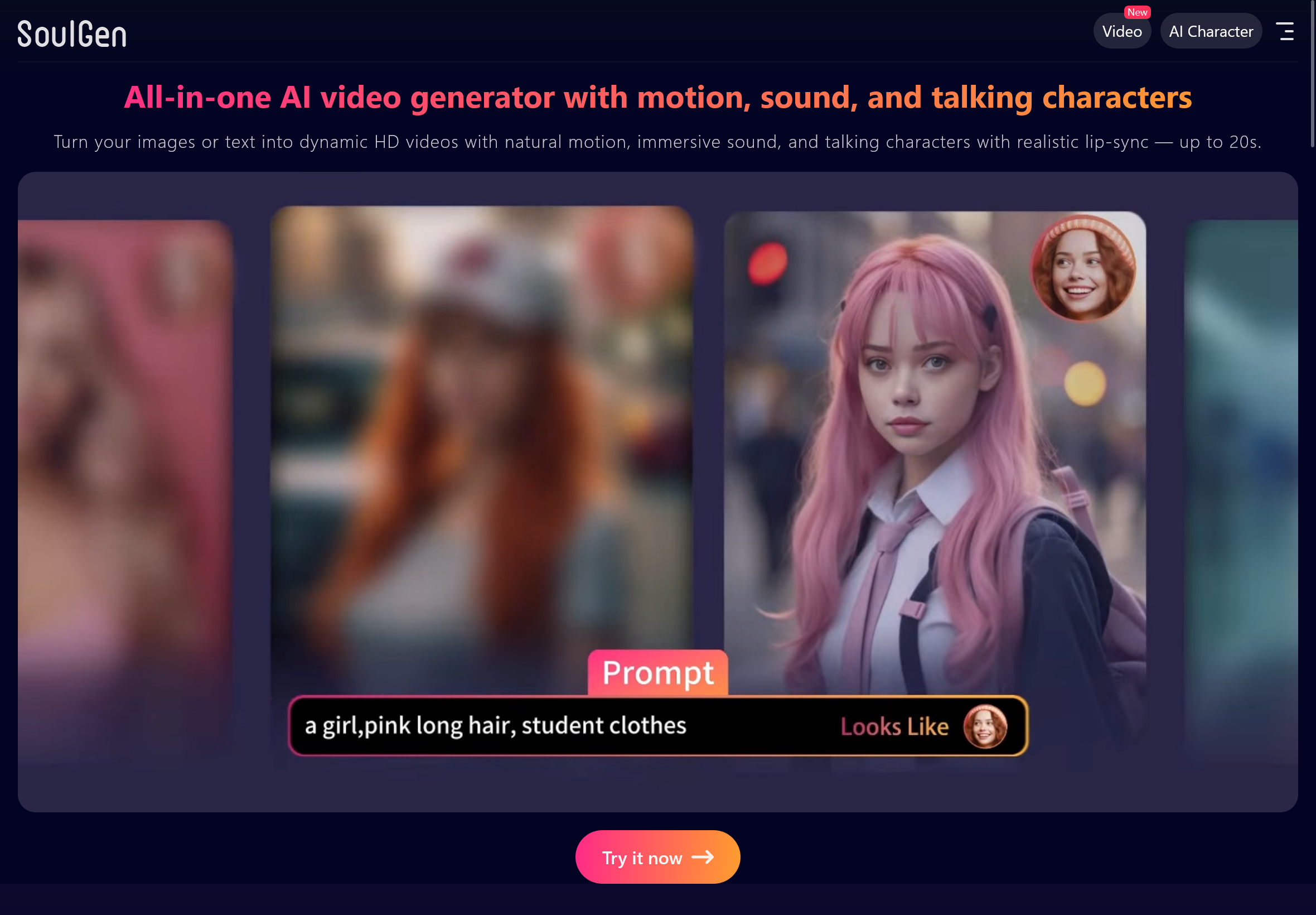 Hero placeholder — SoulGen editor screenshot showing outpaint controls and a generated character preview with a sidebar of editing tools.